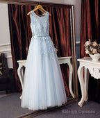 Light Blue Round Neck Lace Tulle Prom Dresses Long Blue Prom Dresses
