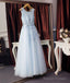 Light Blue Round Neck Lace Tulle Prom Dresses Long Blue Prom Dresses