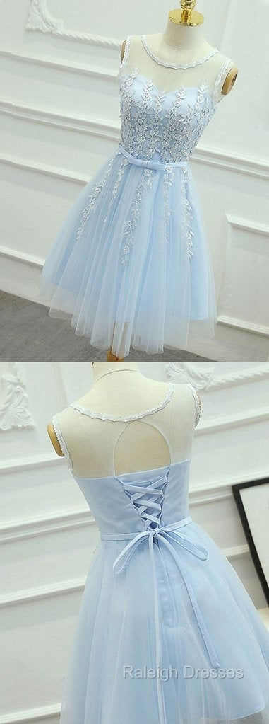 Light Blue Round Neckline Short Pretty Homecoming Dresses, Light Blue Wedding Party Dresses
