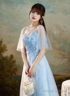 Light Blue Round Neckline Sweetheart Long Party Dress, A-Line Blue Bridesmaid Dresses