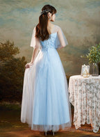 Light Blue Round Neckline Sweetheart Long Party Dress, A-Line Blue Bridesmaid Dresses
