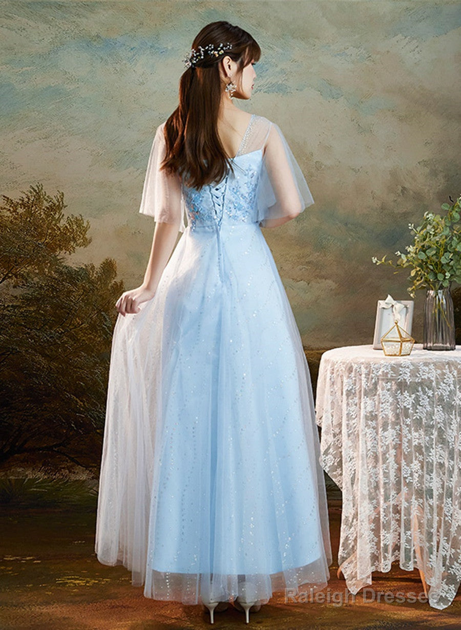 Light Blue Round Neckline Sweetheart Long Party Dress, A-Line Blue Bridesmaid Dresses
