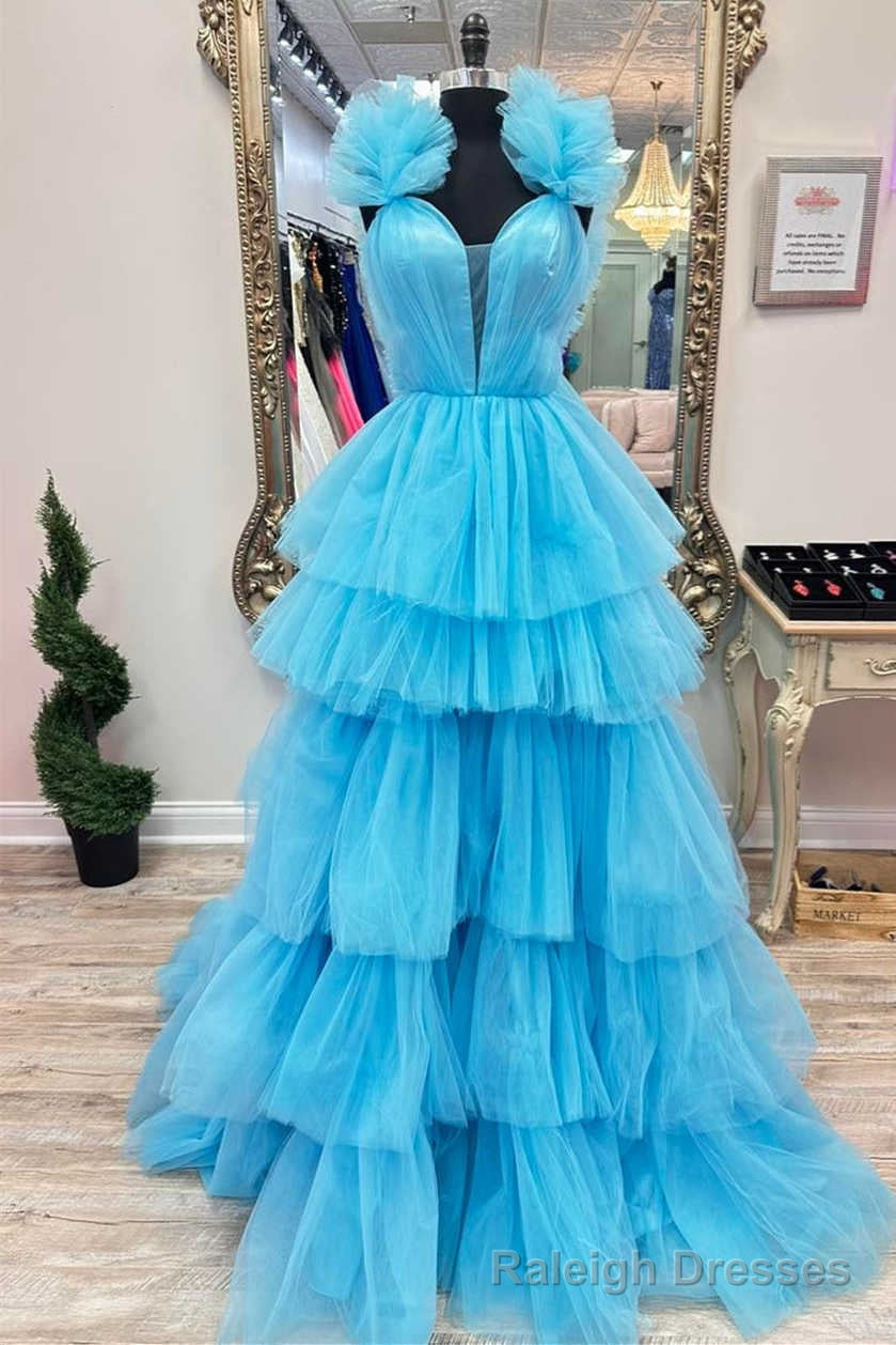 Light Blue Ruffle Straps A Line Tiered Prom Dress
