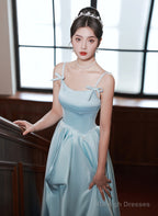 Light Blue Satin A-Line Long Straps Beaded Formal Dress, Blue Long Evening Dress