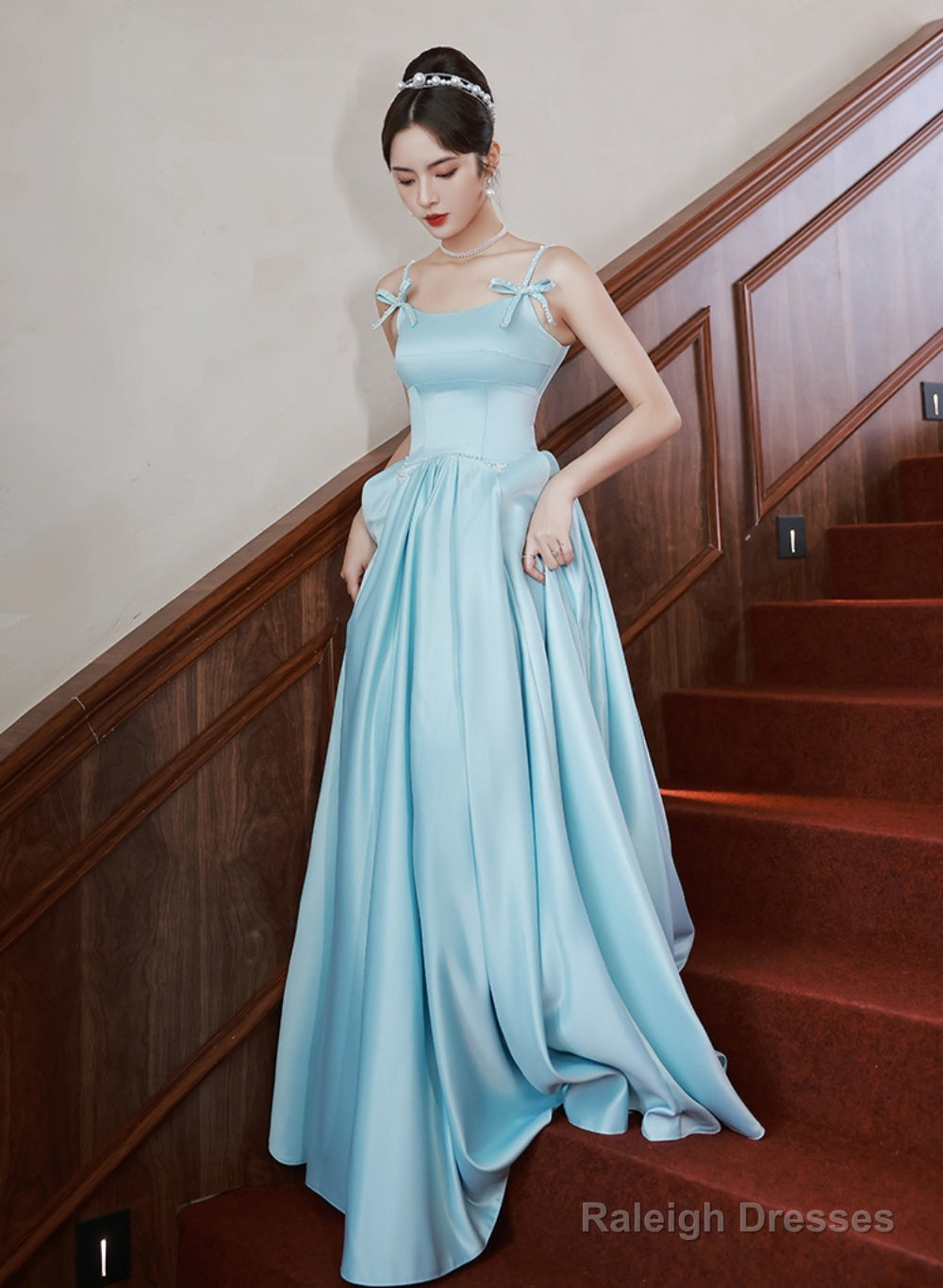 Light Blue Satin A-Line Long Straps Beaded Formal Dress, Blue Long Evening Dress