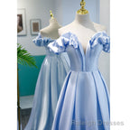 Light Blue Satin A Line Off Shoulder Long Formal Dress, Light Blue Prom Dress