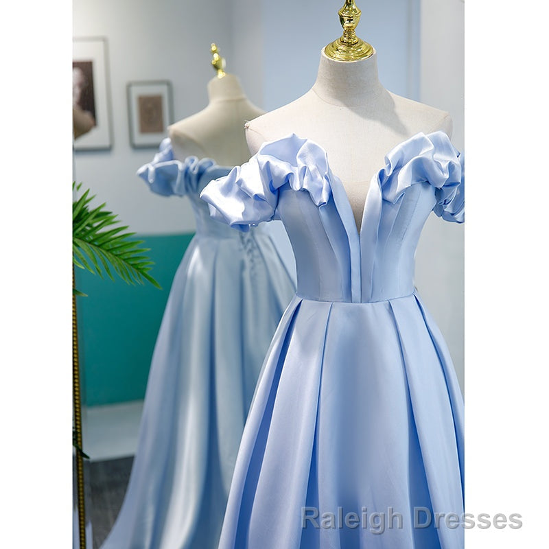 Light Blue Satin A Line Off Shoulder Long Formal Dress, Light Blue Prom Dress