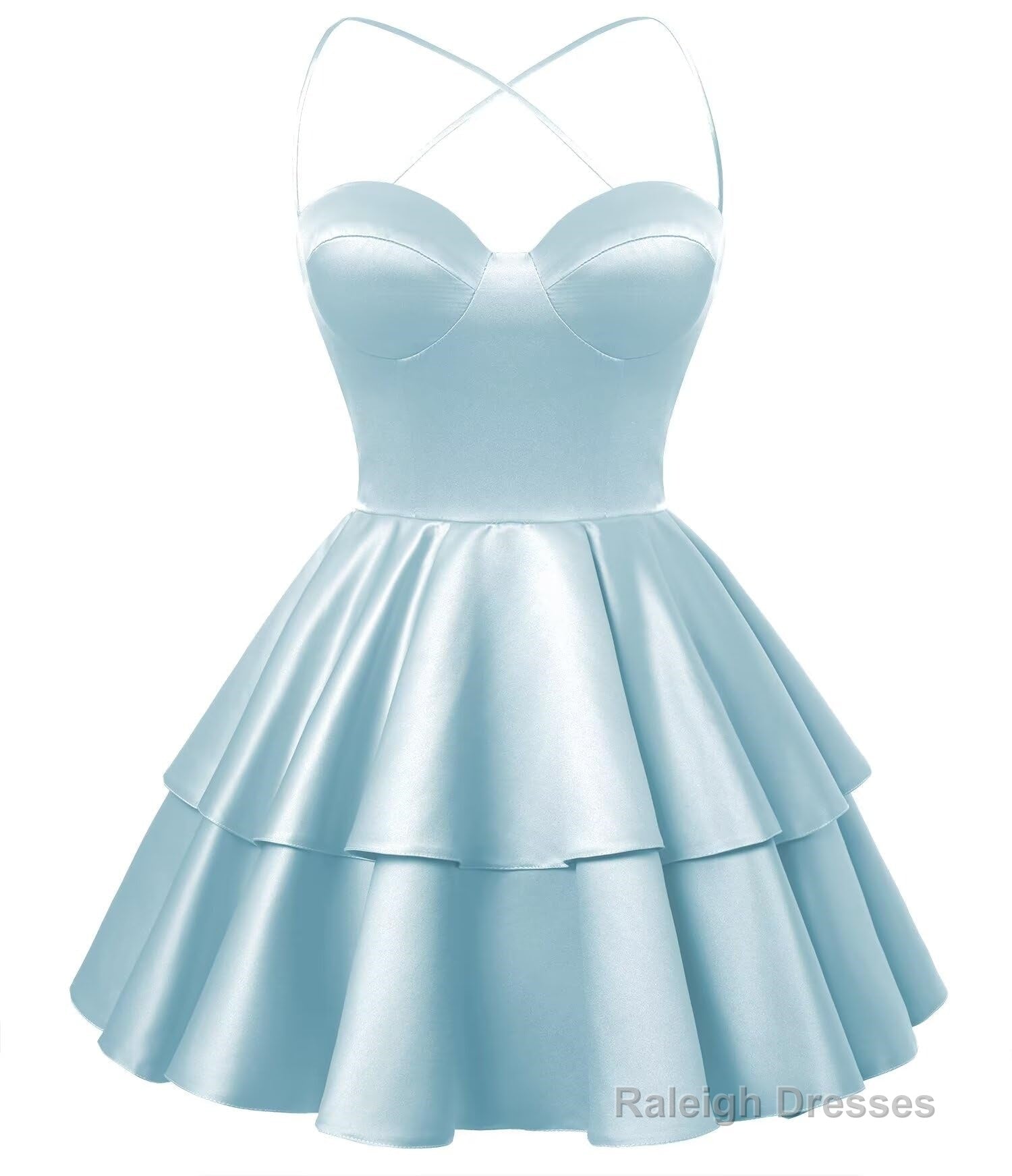 Light Blue Satin Homecoming Dress Sweetheart Neck Tiered Short Graduation Dresses Secondary image