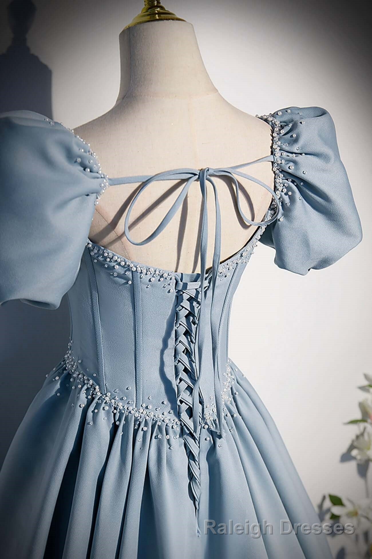 Light Blue Satin Long Prom Dress,A Line Short Sleeve Prom Dresses