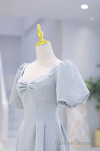 Light Blue Satin Long Prom Dress with Pearls, A Line Short Sleeve Prom Dress