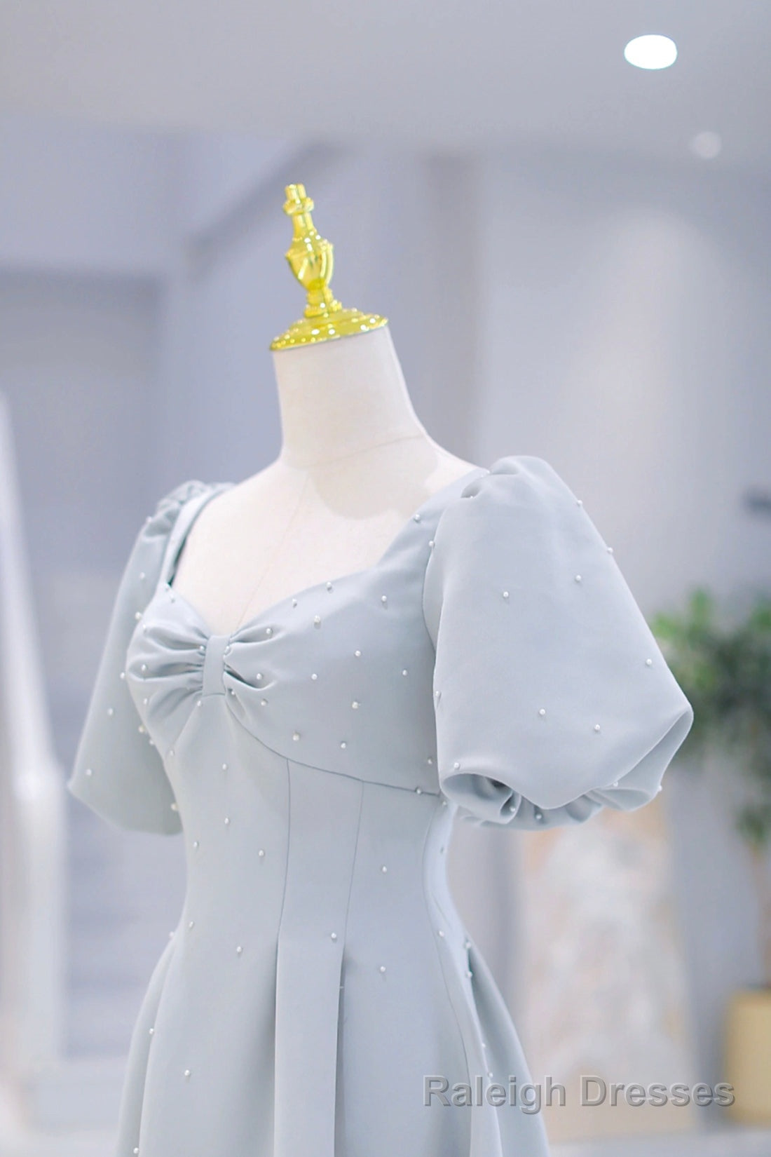 Light Blue Satin Long Prom Dress with Pearls, A Line Short Sleeve Prom Dress