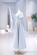 Light Blue Satin Long Prom Dress with Pearls, A Line Short Sleeve Prom Dress