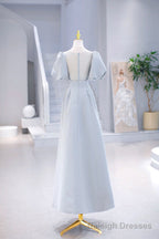 Light Blue Satin Long Prom Dress with Pearls, A Line Short Sleeve Prom Dress