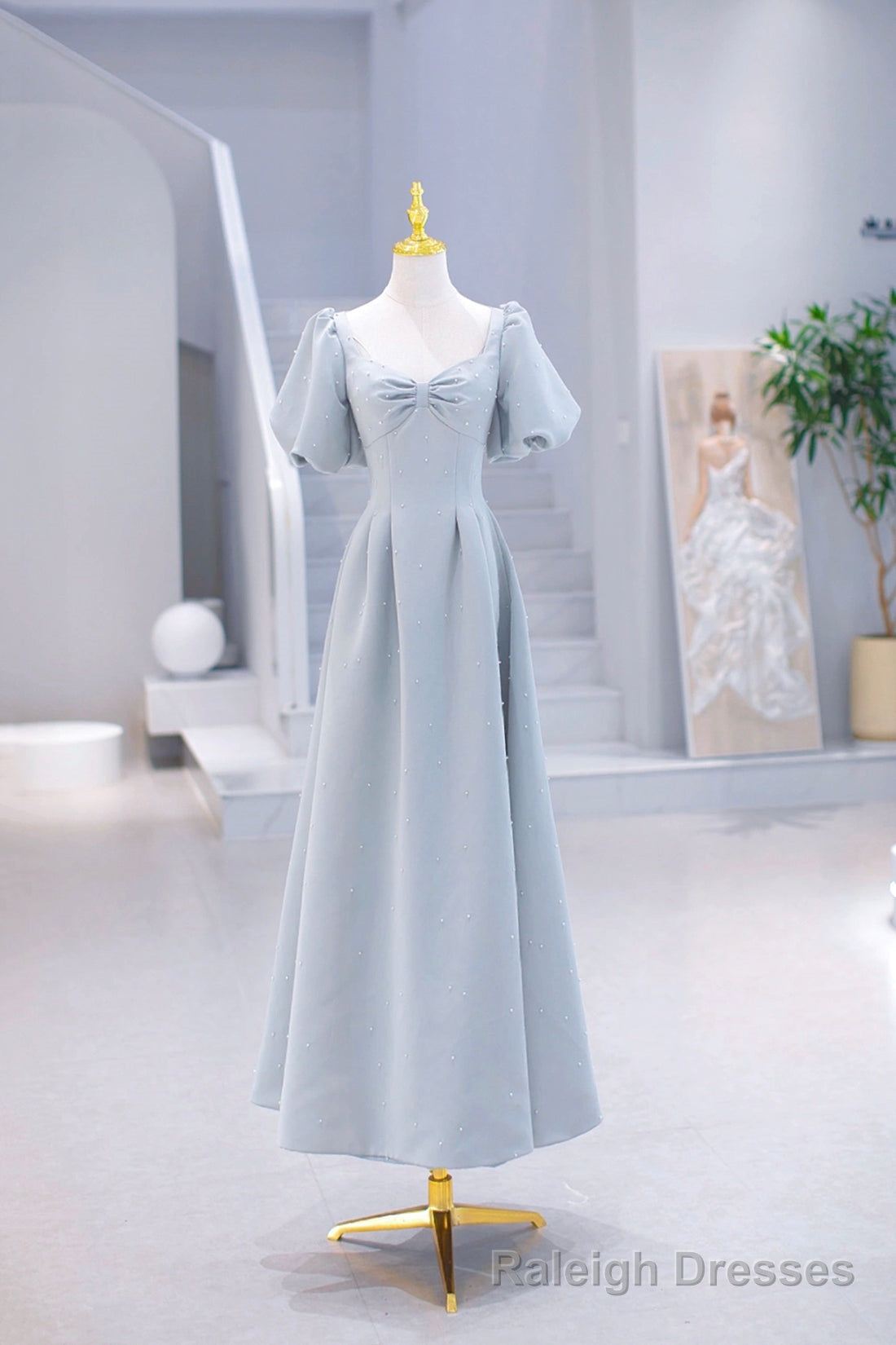 Light Blue Satin Long Prom Dress with Pearls, A Line Short Sleeve Prom Dress Secondary image