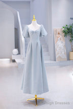 Light Blue Satin Long Prom Dress with Pearls, A Line Short Sleeve Prom Dress