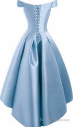 Light Blue Satin Off Shoulder High Low Party Dress Homecoming Dresses, Short Prom Dress