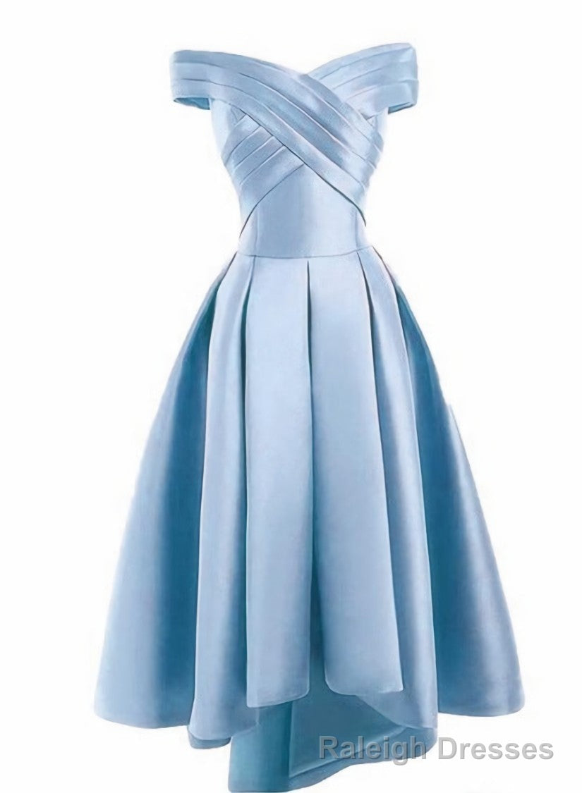 Light Blue Satin Off Shoulder High Low Prom Dress Homecoming Dresses, Short Prom Dress Secondary image