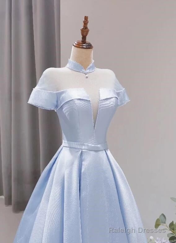 Light Blue Satin Short Sleeves High Neckline Long Prom Dresses New Style Prom Dresseses