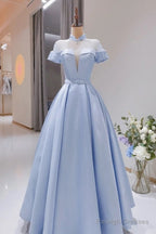 Light Blue Satin Short Sleeves High Neckline Long Evening Dress, New Style Party Dress Formal Dress