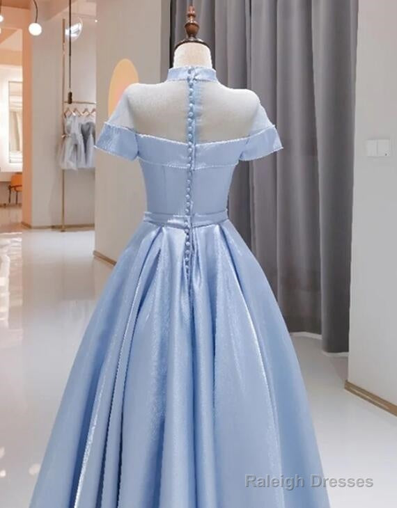 Light Blue Satin Short Sleeves High Neckline Long Prom Dresses New Style Prom Dresseses