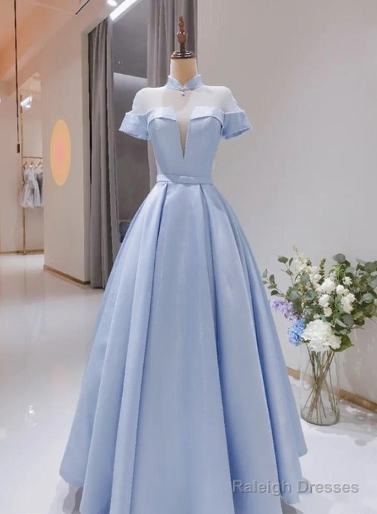 Light Blue Satin Short Sleeves High Neckline Long Evening Dress, New Style Party Dress Formal Dress Main image