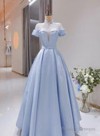 Light Blue Satin Short Sleeves High Neckline Long Evening Dress, New Style Party Dress Formal Dress