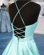 Light Blue Satin V-Neck Cross Back Prom Dress