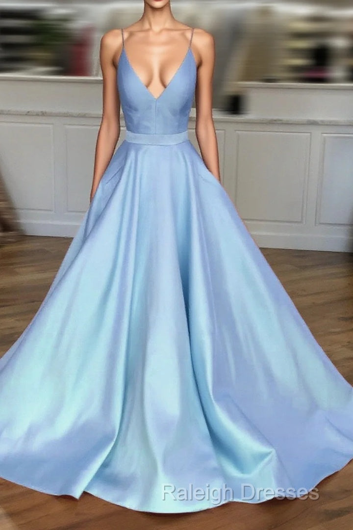 Light Blue Satin V-Neck Cross Back Prom Dresses Main image