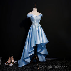 Light Blue Satin with Lace Applique High Low Homecoming Dress, Blue Short Off Shoulder Formal Dress