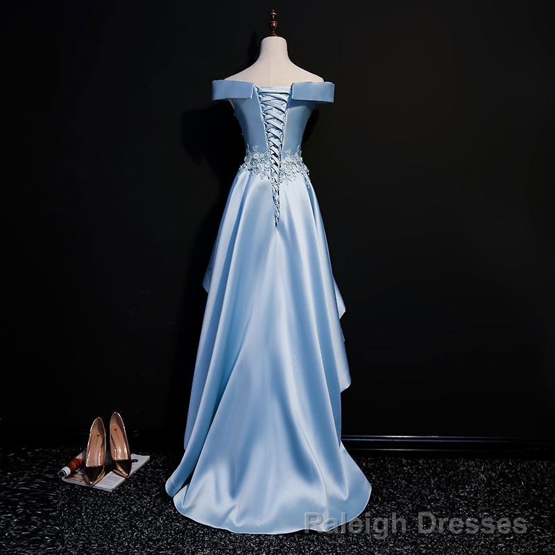 Light Blue Satin with Lace Applique High Low Homecoming Dress, Blue Short Off Shoulder Formal Dress