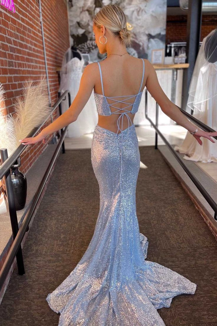 Light Blue Sequin Twist-Front Lace-Up Mermaid Long Prom Gowns Secondary image