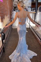 Light Blue Sequin Twist-Front Lace-Up Mermaid Long Prom Gowns