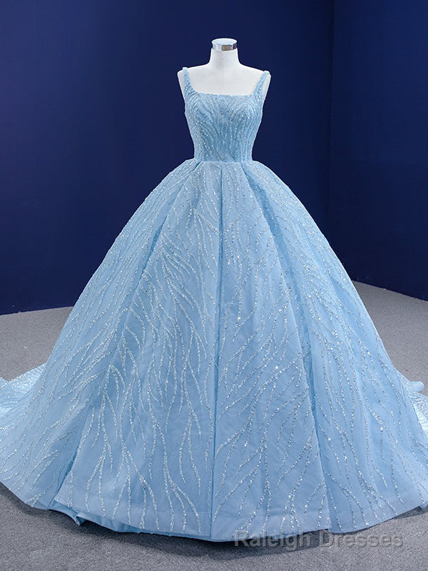 Light Blue Sequins Beading Straps Backless Prom Dress Main image