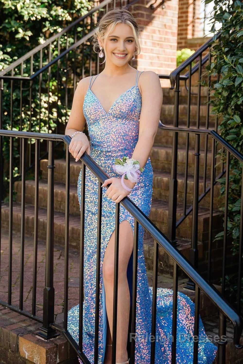 Light Blue Sequins Spaghetti Straps Mermaid Prom Dress with Slit Main image
