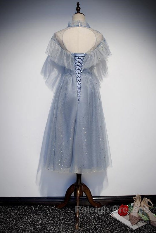Light Blue Shiny Tulle High Neckline Homecoming Dress Party Dress