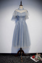 Light Blue Shiny Tulle High Neckline Homecoming Dresses Prom Dresses Blue Short Prom Dresses