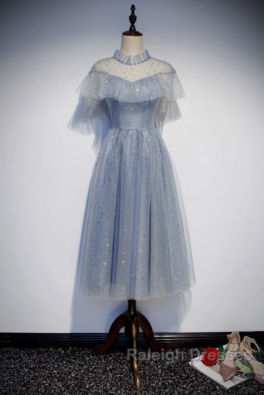 Light Blue Shiny Tulle High Neckline Homecoming Dresses Prom Dresses Blue Short Prom Dresses