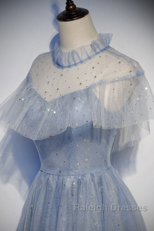 Light Blue Shiny Tulle High Neckline Homecoming Dress Party Dress, Blue Short Prom Dress