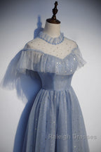 Light Blue Shiny Tulle High Neckline Homecoming Dress Party Dress, Blue Short Prom Dress