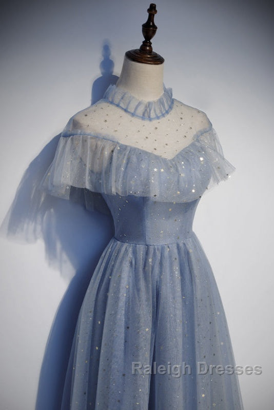 Light Blue Shiny Tulle High Neckline Homecoming Dress Party Dress, Blue Short Prom Dress