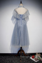 Light Blue Shiny Tulle High Neckline Homecoming Dress Party Dress, Blue Short Prom Dress
