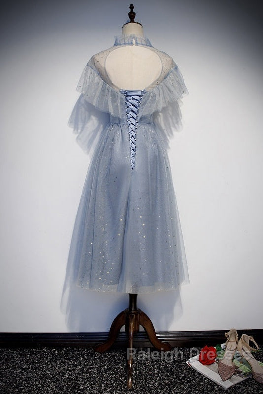 Light Blue Shiny Tulle High Neckline Homecoming Dresses Prom Dresses Blue Short Prom Dresses