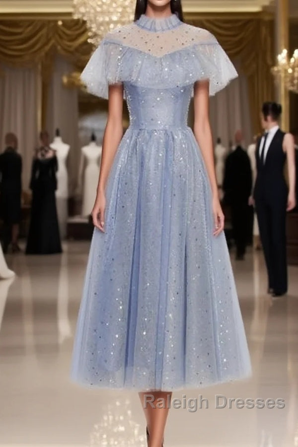 Light Blue Shiny Tulle High Neckline Homecoming Dress Party Dress, Blue Short Prom Dress