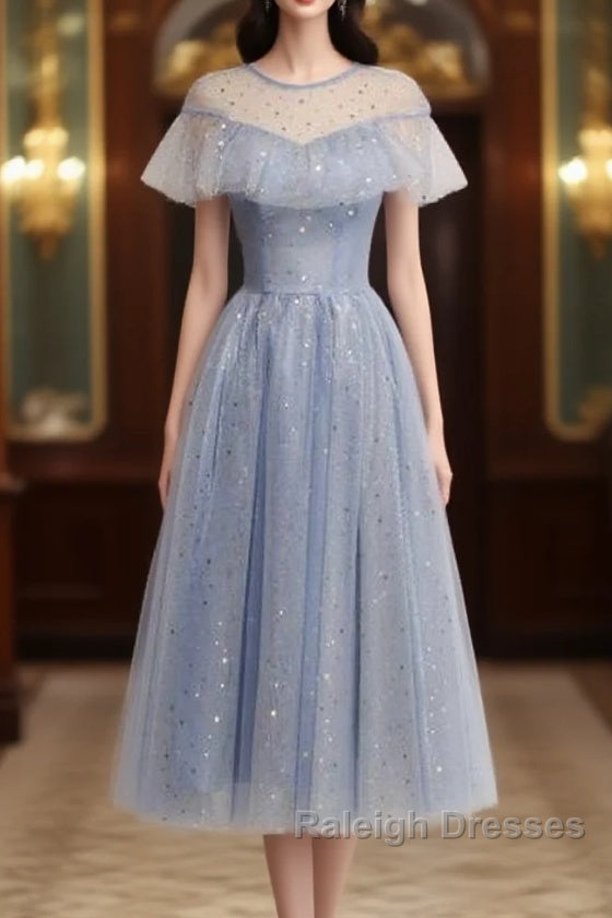 Light Blue Shiny Tulle High Neckline Homecoming Dresses Prom Dresses Main image