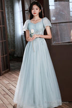 Light Blue Short Sleeves Beaded Tulle Long Prom Dresses A-Line Blue Prom Dress