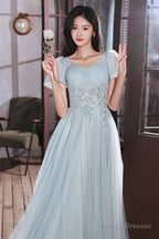 Light Blue Short Sleeves Beaded Tulle Long Prom Dresses A-Line Blue Prom Dress