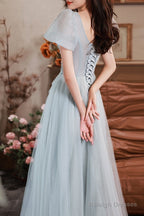 Light Blue Short Sleeves Beaded Tulle Long Prom Dresses A-Line Blue Prom Dress