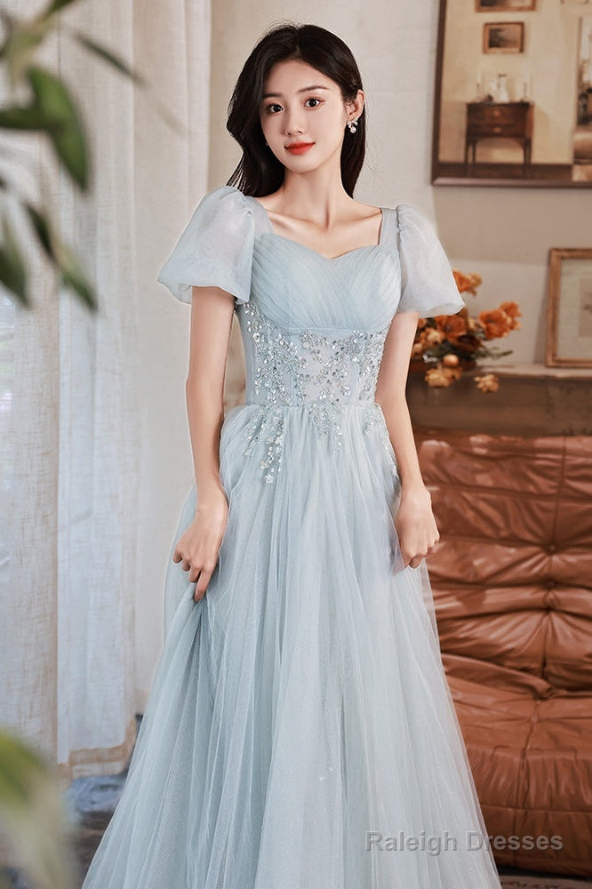 Light Blue Short Sleeves Beaded Tulle Long Prom Dresses A-Line Blue Prom Dress