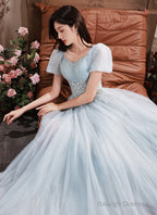 Light Blue Short Sleeves Beaded Tulle Long Prom Dresses A-Line Blue Prom Dress