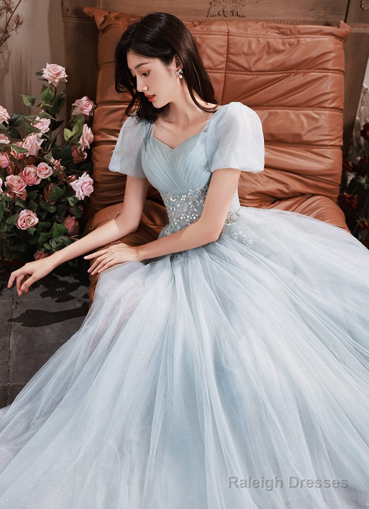 Light Blue Short Sleeves Beaded Tulle Long Prom Dresses A-Line Blue Prom Dress